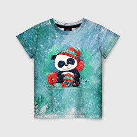 Детская футболка 3D с принтом Панда вяжет в Санкт-Петербурге, 100% гипоаллергенный полиэфир | прямой крой, круглый вырез горловины, длина до линии бедер, чуть спущенное плечо, ткань немного тянется | new year | арт | вязание | графика | зима | новый год | панда | рождество
