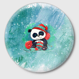 Значок с принтом Панда вяжет в Санкт-Петербурге,  металл | круглая форма, металлическая застежка в виде булавки | new year | арт | вязание | графика | зима | новый год | панда | рождество