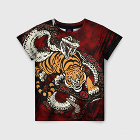 Детская футболка 3D с принтом Тигр со Змеёй 2022 в Санкт-Петербурге, 100% гипоаллергенный полиэфир | прямой крой, круглый вырез горловины, длина до линии бедер, чуть спущенное плечо, ткань немного тянется | борьба | вектор | змея | противостояние | тигр