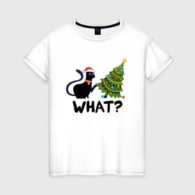 Женская футболка хлопок с принтом КОТЕЙКА И ЁЛКА в Санкт-Петербурге, 100% хлопок | прямой крой, круглый вырез горловины, длина до линии бедер, слегка спущенное плечо | 2022 | cat | cats | christmas | cold | garland | klaus | mem | meme | memes | merry | new | santa | snow | what | winter | year | герлянды | гирлянда | год | елка | ёлки | ель | зима | клаус | кот | котейка | котенок | котик | котэ | кошка 