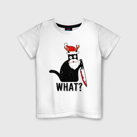 Детская футболка хлопок с принтом НОВОГОДНИЙ WHAT CAT в Санкт-Петербурге, 100% хлопок | круглый вырез горловины, полуприлегающий силуэт, длина до линии бедер | 2022 | cat | cats | christmas | cold | garland | klaus | mem | meme | memes | merry | new | santa | snow | what | winter | year | герлянды | гирлянда | год | зима | клаус | кот | котейка | котенок | котик | котэ | кошка | мем | мемы | мороз