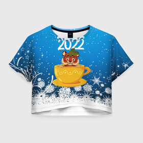 Женская футболка Crop-top 3D с принтом Тигр в кружке (Новый год 2022) в Санкт-Петербурге, 100% полиэстер | круглая горловина, длина футболки до линии талии, рукава с отворотами | 2022 | год тигра | новый год | новый год 2022 | символ года | тигр | тигренок | тигрица | тигры