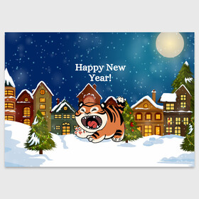 Поздравительная открытка с принтом Рычащий тигренок 2022 в Санкт-Петербурге, 100% бумага | плотность бумаги 280 г/м2, матовая, на обратной стороне линовка и место для марки
 | 2022 | год тигра | новый год | новый год 2022 | символ года | тигр | тигренок | тигрица | тигры