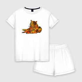 Женская пижама с шортиками хлопок с принтом Акварельный тигр 2022 в Санкт-Петербурге, 100% хлопок | футболка прямого кроя, шорты свободные с широкой мягкой резинкой | дикие кошки | новый год | символ года | тигр | тигренок