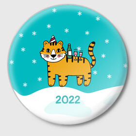 Значок с принтом Новогодний стол - тигр в Санкт-Петербурге,  металл | круглая форма, металлическая застежка в виде булавки | Тематика изображения на принте: 2022 | год тигра | новый год | новый год 2022 | символ года | тигр | тигренок | тигрица | тигры