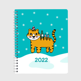 Тетрадь с принтом Новогодний стол - тигр в Санкт-Петербурге, 100% бумага | 48 листов, плотность листов — 60 г/м2, плотность картонной обложки — 250 г/м2. Листы скреплены сбоку удобной пружинной спиралью. Уголки страниц и обложки скругленные. Цвет линий — светло-серый
 | 2022 | год тигра | новый год | новый год 2022 | символ года | тигр | тигренок | тигрица | тигры