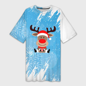 Платье-футболка 3D с принтом Зимний олень с подарком в Санкт-Петербурге,  |  | 2022 | happy new year | merry christmas | год тигра | зима близко | нг | новогодний | новый год | новый год 2022 | олень | рождество | символ 2022 года | снег | снежинки