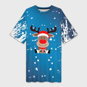 Платье-футболка 3D с принтом Олень с подарком зимний в Санкт-Петербурге,  |  | 2022 | happy new year | merry christmas | год тигра | зима близко | нг | новогодний | новогодняя символика | новый год | новый год 2022 | олень | рождество | символ 2022 года | снег | снежинки
