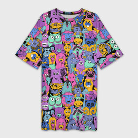 Платье-футболка 3D с принтом Разные Мультяшные Животные в Санкт-Петербурге,  |  | animals | safari | zoo | детские | дикая природа | животные | жираф | звери | зверюшки | зебра | зоопарк | лев | мультики | сафари | слон
