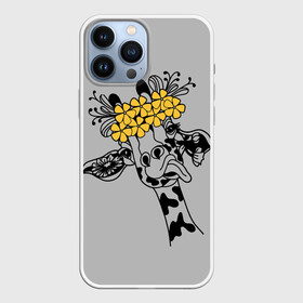 Чехол для iPhone 13 Pro Max с принтом Жираф показывает язык в Санкт-Петербурге,  |  | Тематика изображения на принте: african | funny | giraffe | on the head | shows tongue | wreath | yellow flowers | африканский | венок | весёлый | жёлтые цветы | жираф | на голове | показывает | язык