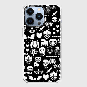 Чехол для iPhone 13 Pro с принтом UNDERTALE PATTERN БЕЛЫЙ в Санкт-Петербурге,  |  | asriel dreemurr | chara | frisk | gaster blaster | heart | sans | undertale | азриэль дримурр | андертейл | гастер | меттатон | санс | сердце | фриск | чара