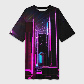 Платье-футболка 3D с принтом Ночной город в киберпанке в Санкт-Петербурге,  |  | город | кибербанк | мегаполис | неон | ночной город | огни | ритм