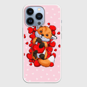 Чехол для iPhone 13 Pro с принтом Лисенок с сердечками   Little fox and hearts в Санкт-Петербурге,  |  | Тематика изображения на принте: fox | hearts | love | valentines | valentines day | валентинка | влюбленный | день святого валентина | забавный | лиса | лисенок | любовь | милый | сердечко | сердце