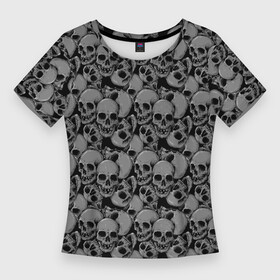 Женская футболка 3D Slim с принтом Gray skulls в Санкт-Петербурге,  |  | bone | bones | screaming | screaming skulls | skull | skulls | smile | кости | кричат | кричащие | кричащие черепа | улыбка | череп | черепа