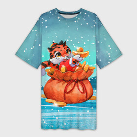 Платье-футболка 3D с принтом Тигренок с мешком денег в Санкт-Петербурге,  |  | 2022 | год тигра | новый год | новый год 2022 | символ года | тигр | тигренок | тигрица | тигры