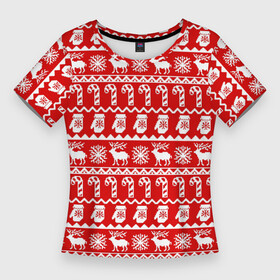 Женская футболка 3D Slim с принтом Новогодний принт с оленями, снежинками, варежками и леденцами в Санкт-Петербурге,  |  | варежки | зима | зимний | красный | леденцы | новогодний | новый год | олени | орнамент | снежинки | узор