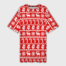 Платье-футболка 3D с принтом Новогодний принт с оленями, снежинками, варежками и леденцами в Санкт-Петербурге,  |  | варежки | зима | зимний | красный | леденцы | новогодний | новый год | олени | орнамент | снежинки | узор