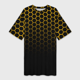 Платье-футболка 3D с принтом Неоновая кольчуга  Gold neon в Санкт-Петербурге,  |  | Тематика изображения на принте: geometry | gold | neon | геометрия | железный | желтый | золотая | золото | кольчуга | мед | медовый | неон | неоновый | половина | пчела | соты | черный