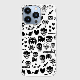 Чехол для iPhone 13 Pro с принтом UNDERTALE WHITE PATTERN в Санкт-Петербурге,  |  | asriel dreemurr | chara | frisk | gaster blaster | heart | sans | undertale | азриэль дримурр | андертейл | гастер | меттатон | санс | сердце | фриск | чара