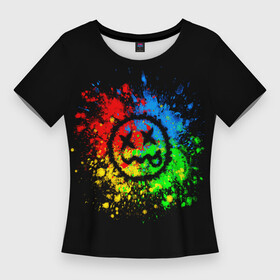 Женская футболка 3D Slim с принтом Smile  Неоновый смайлик в Санкт-Петербурге,  |  | smile | глаза | желтый | зеленый | краски | красный | красочный | крест | круг | ляпки | неон | неоновый | огонь | радужный | разноцветный | синий | смайл | смайлик | улыбка | черный | язык