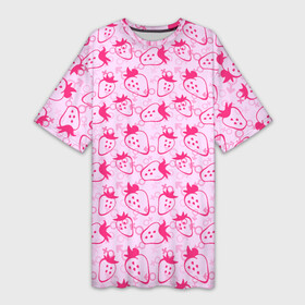 Платье-футболка 3D с принтом Клубничка (розовый фон) в Санкт-Петербурге,  |  | love | valentines day | амур | ангел | валентинка | вторая половинка | день всех влюбленных | земляника | клубника | купидон | любовь | нежность | отношения | подарок любви | поцелуй | розовый | романтика