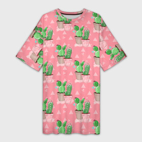 Платье-футболка 3D с принтом Кактусы в горшках паттерн в Санкт-Петербурге,  |  | горшки | кактус | кактусы | цветок | цветы