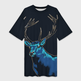 Платье-футболка 3D с принтом Синий Олень в Санкт-Петербурге,  |  | deer | vintage | винтаж | звери | крупные животные | лось | мужское хобби | олень | охота | охотник | природа | рога | туристический
