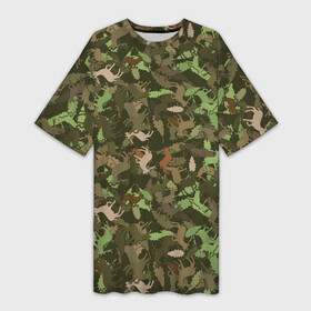 Платье-футболка 3D с принтом Олени и Дубовые Листья (камуфляж) в Санкт-Петербурге,  |  | camouflage | disguise | hunting camouflage | khaki | maskhalat | military | military camouflage | армия | военный камуфляж | война | животное | зверь | зоопарк | камуфляж | л | лось | маскировка | масхалат | милитари | олень | охота