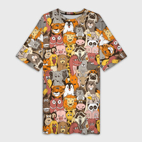 Платье-футболка 3D с принтом Зоопарк (разные звери) в Санкт-Петербурге,  |  | animals | safari | zoo | дикая природа | дикие животные | животные | жираф | звери | зебра | зоопарк | лев | сафари | следы от лап | слон