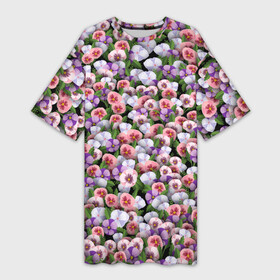 Платье-футболка 3D с принтом Чудесные фиалки в Санкт-Петербурге,  |  | 8 марта | ботаника | букет | клумба | паттерн | растения | фиалка | фиалки | флора | цветочки | цветы