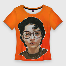 Женская футболка 3D Slim с принтом Финн Вулфхард на оранжевом фоне в Санкт-Петербурге,  |  | finn wolfhard | актер | брюнет | красивый парень | очень странные дела | финн вулфхард