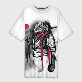 Платье-футболка 3D с принтом Тигр воин  Самурай с катаной на спине в Санкт-Петербурге,  |  | japan | katana | samurai | tiger | белый тигр | большой кот | бусидо | воин | графика | катана | красный | самурай | символ года | тигр | хуманизация | япония