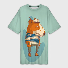 Платье-футболка 3D с принтом Пёс моряк в Санкт-Петербурге,  |  | бультерьер | животное | море | моряк | пеё | собака