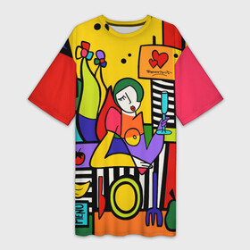 Платье-футболка 3D с принтом Girl with a glass в Санкт-Петербурге,  |  | brazilian artist | bright colors | cubism | emoji | graffiti | heart | pop art | romero britto | бразильский художник | граффити | девушка с бакалом | день святого валентина | кубизм | любовь | ромеро бритто 