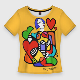 Женская футболка 3D Slim с принтом Girl with hearts в Санкт-Петербурге,  |  | brazilian artist | bright colors | cubism | emoji | girl | graffiti | hearts | love | pop art | romero britto | valentines day | бразильский художник | граффити | девушка | день святого валентина | кубизм | любовь | ромеро бритт