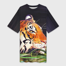 Платье-футболка 3D с принтом Бенгальский Тигр в кустах в Санкт-Петербурге,  |  | Тематика изображения на принте: lyon | tiger | tigr | кот | коты | кошка | лев | путь ниндзя | тигр | токио