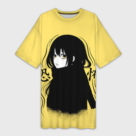 Платье-футболка 3D с принтом Yellow Miko в Санкт-Петербурге,  |  | Тематика изображения на принте: anime | chan | mieruko | mierukochan | аниме | аниме девочка видит это | девочка видит | девочка которая видит это | миеруко чан | мико чан | монстры | призраки | ужасы