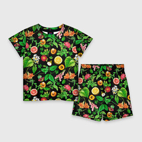 Детский костюм с шортами 3D с принтом Фруктовый сад в Санкт-Петербурге,  |  | Тематика изображения на принте: абрикосы | лето | листья | овощи | персики | сок | фруктовый сад | фрукты | цветы