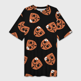 Платье-футболка 3D с принтом Бабл Квас  узор из масок в Санкт-Петербурге,  |  | бабл квас | бойцы | игра | логотип | маска | мем | мобильная | оранжевый | приложение