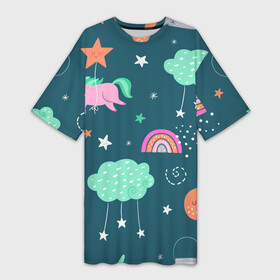 Платье-футболка 3D с принтом Летающий единорог в Санкт-Петербурге,  |  | doodle | дудл | единорог | звездочка | летающий единорог | лошадка | облако | пони | радуга | спящий единорог