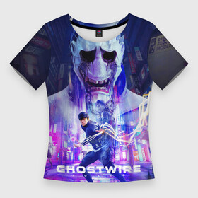 Женская футболка 3D Slim с принтом Ghostwire: Tokyo Главный герой в Санкт-Петербурге,  |  | games | ghostwire | logo | mask | neon | ps5 | samurai | tokyo | игры | лого | маска | неон | пс5 | самурай | токио