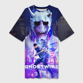 Платье-футболка 3D с принтом Ghostwire: Tokyo Главный герой в Санкт-Петербурге,  |  | games | ghostwire | logo | mask | neon | ps5 | samurai | tokyo | игры | лого | маска | неон | пс5 | самурай | токио