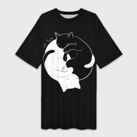 Платье-футболка 3D с принтом Бесконечная любовь  Endless kitty love в Санкт-Петербурге,  |  | black | cats | dualism | endless | eternity | evil | good | infinity | kitty | love | white | yang | yin | белое | бесконечная | бесконечность | вечность | добро | дуализм | зло | инь | коты | кошки | любовь | черное | ян