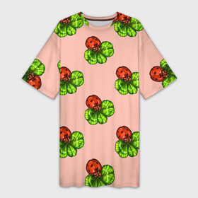 Платье-футболка 3D с принтом Божья коровка и клевер на розовом. в Санкт-Петербурге,  |  | 4х листник | ladybug | божьи коровки | божья коровка | клевер | на счастье | на удачу | насекомое | насекомые | паттерн | розовый | символ счастья | символы удачи | четырехлистник