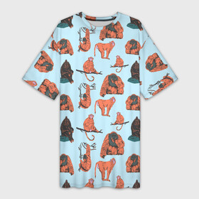 Платье-футболка 3D с принтом Обезьянки паттерн в Санкт-Петербурге,  |  | африка | горилла | животные | зоопарк | обезьяна на ветке | обезьяны | паттерн | приматы | сафари