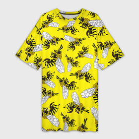 Платье-футболка 3D с принтом Пчелы на желтом в Санкт-Петербурге,  |  | bee | honey | insect | nature | spring | summer | sunny | yellow | весно | желтый узор | жук | крылья | лето | мед | много насекомых | насекомые | оса | пасечник | природа | пчела | пчелиный рой | пчелка | пчеловод | пчелы | рой пчел