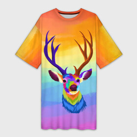 Платье-футболка 3D с принтом Олень  Красочный в Санкт-Петербурге,  |  | animal | artiodactyl | cervidae | deer | forest deer | жвачные | животное | лесной олень | оленевые | олень | оленьи | парнокопытное