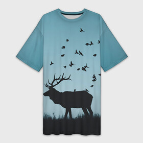 Платье-футболка 3D с принтом Северный Олень  Reindeer в Санкт-Петербурге,  |  | весна | весну | голубая | контур | лес | лето | минимализм | на каждый день | образ | очертание | пейзаж | птицы | птички | рисунок | силуэт северного оленя | тайга | тень | фигура | черная | черный