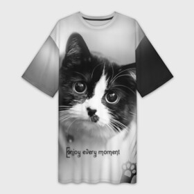 Платье-футболка 3D с принтом Enjoy every moment  Наслаждайся каждым моментом. в Санкт-Петербурге,  |  | handeyework | детское | кот | коте | кошки | чб | черно белое