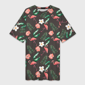 Платье-футболка 3D с принтом Фламинго и цветы паттерн в Санкт-Петербурге,  |  | лето | паттерн | фламинго | фламинго и цветы | цветы